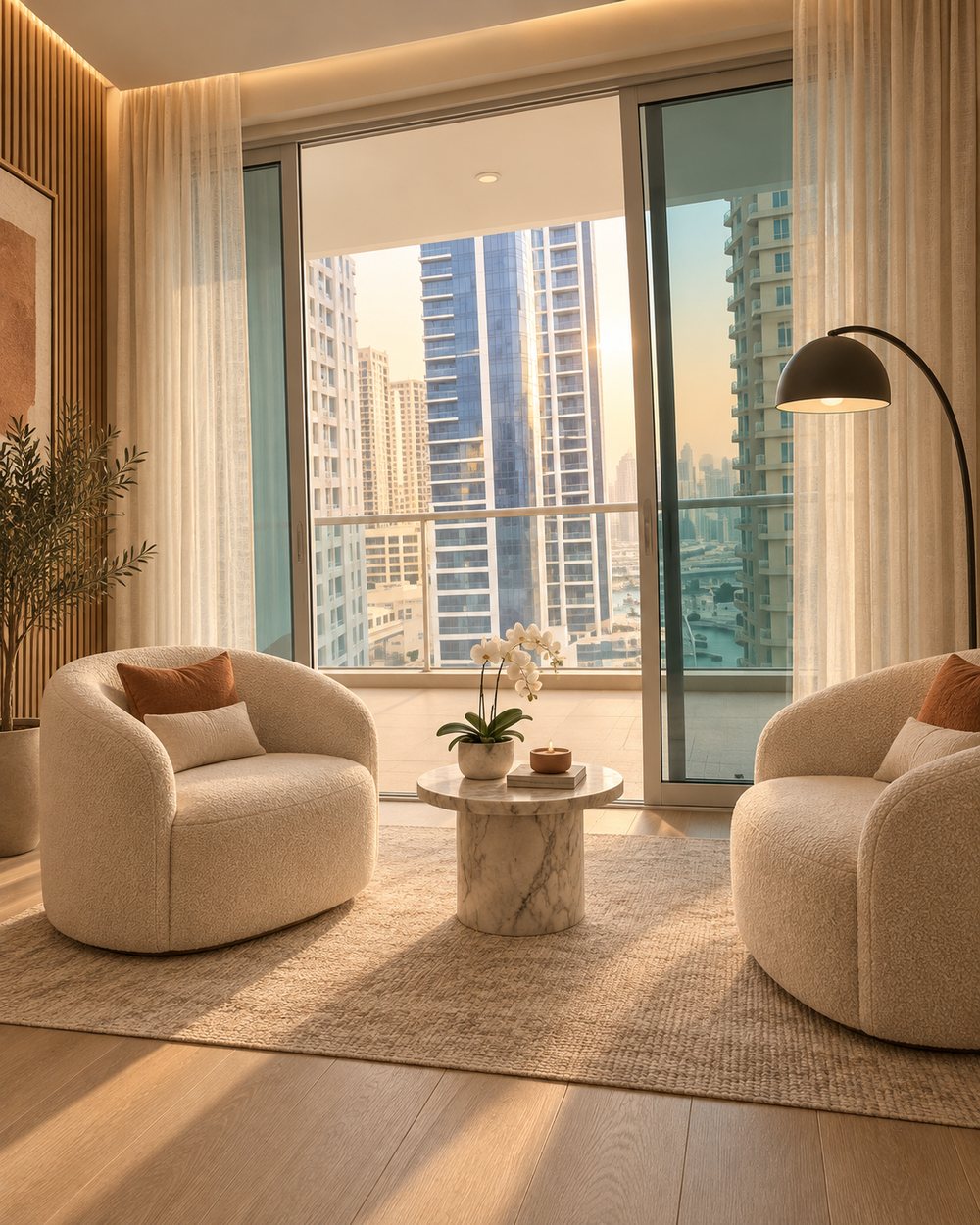 Concept render of the same studio: cream armchairs, slatted wall, sheer curtains