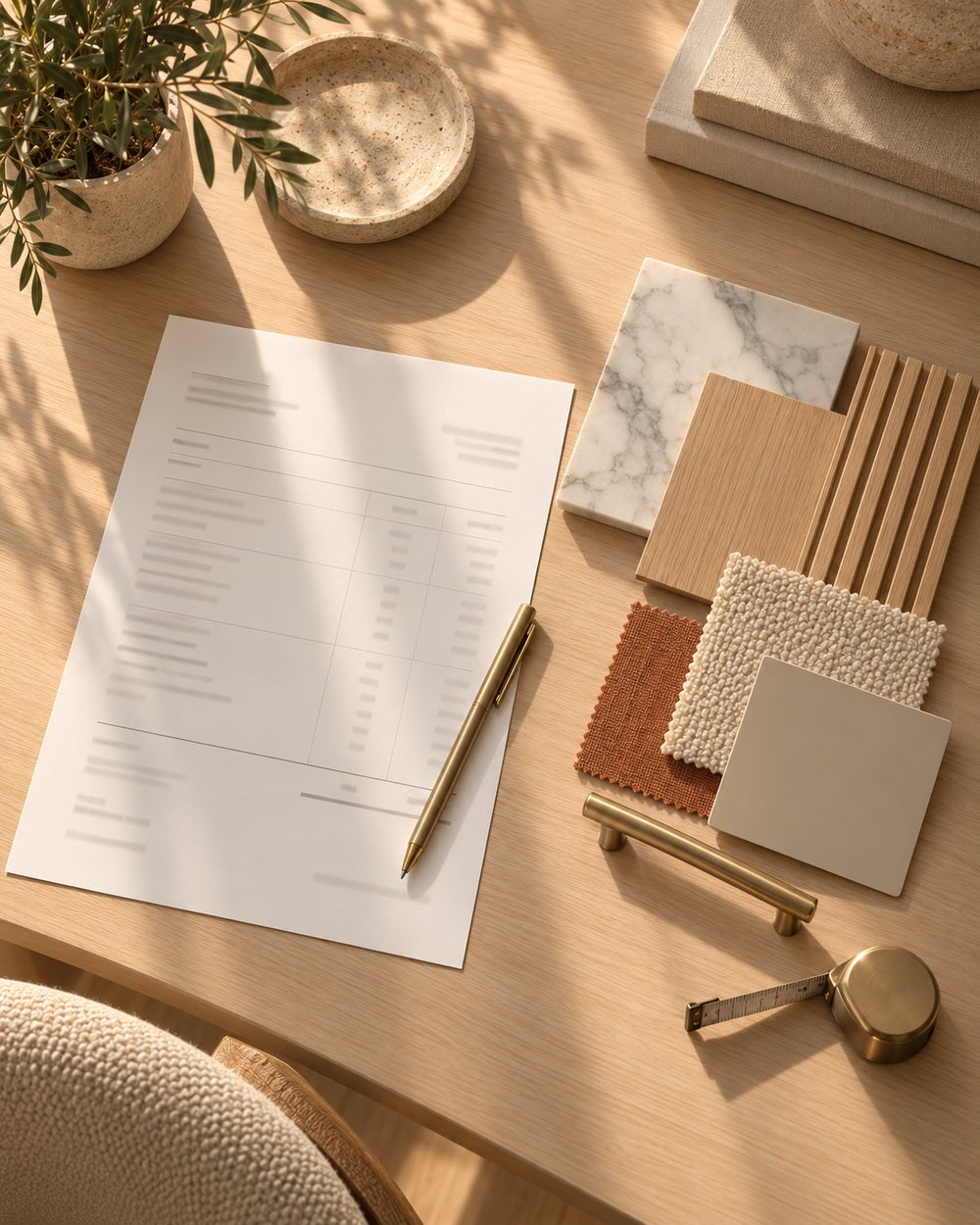 Material samples and a one-page quote on a desk